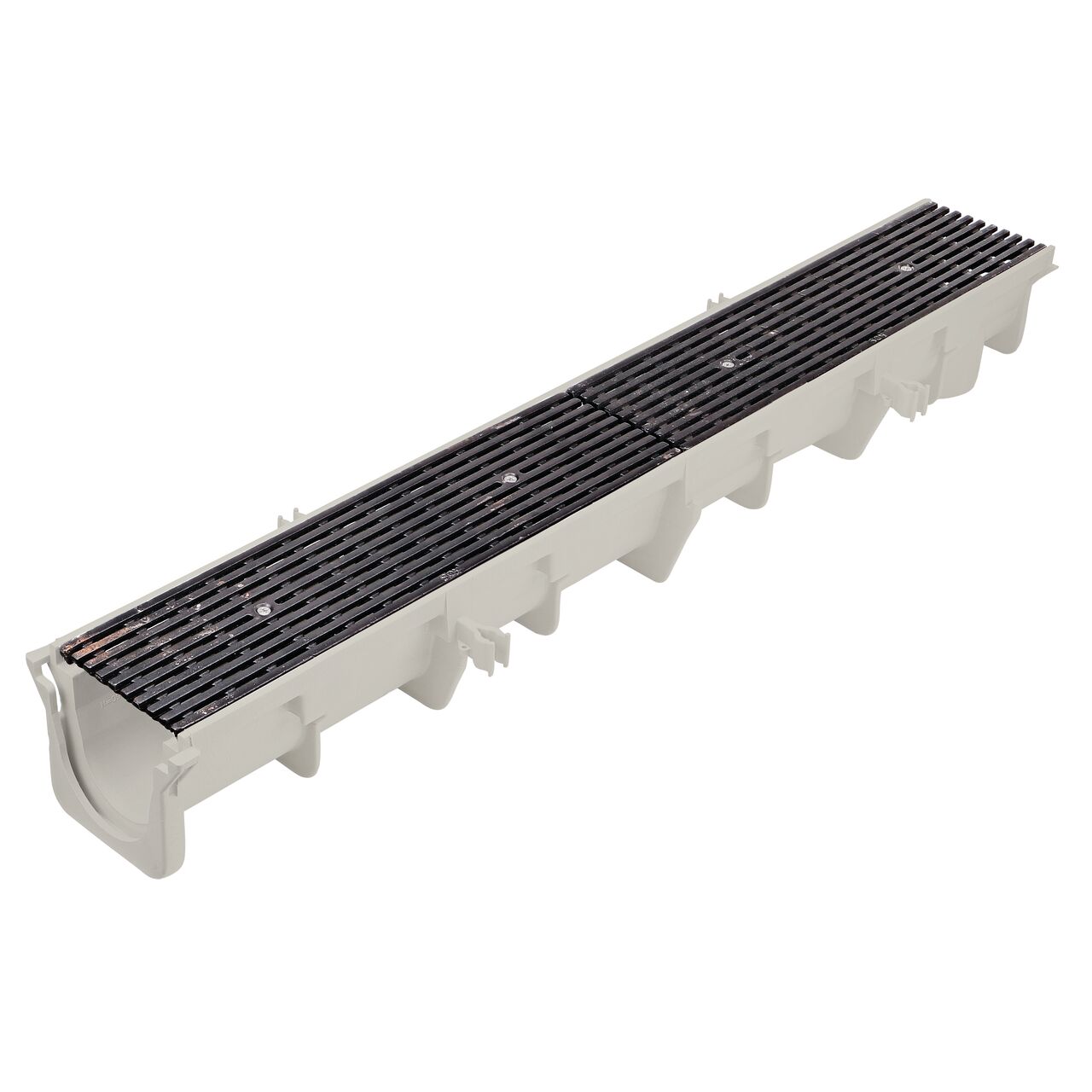 Two ductile iron decorative Via Slot design Dura Slope® Channel Drain Grates (NDS DS-611-Via) fit on one Dura Slope Channel Drain (NDS DS-091)