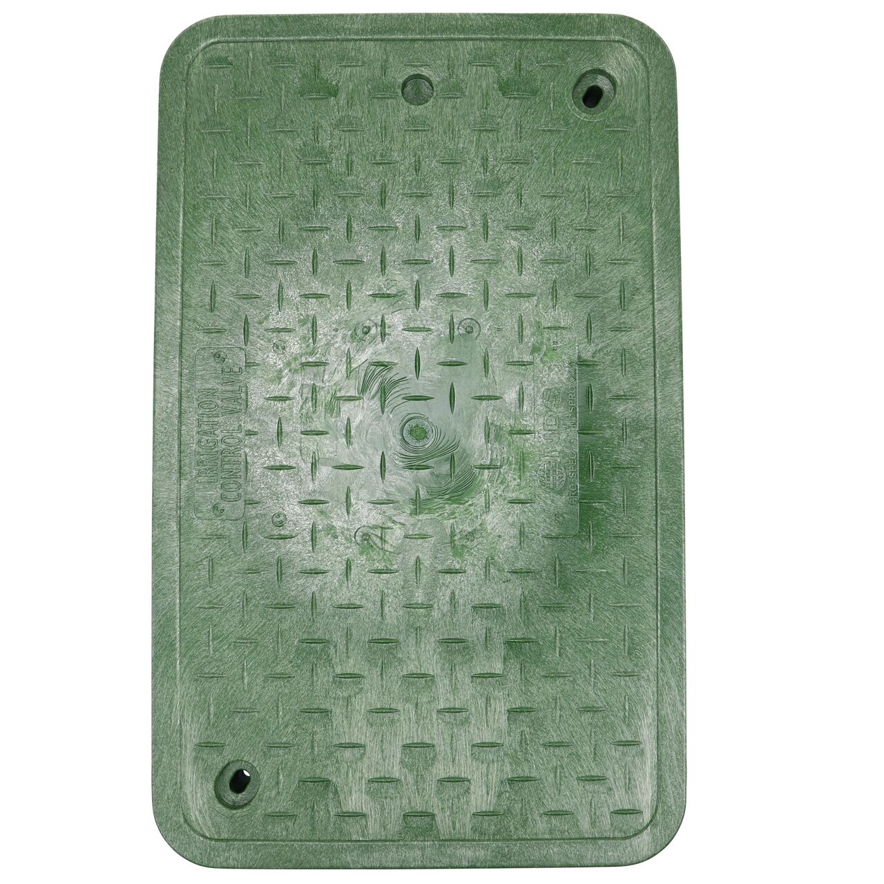 Top down view of the top side of the Green Irrigation Control Valve cover for the NDS 13 in. X 24 in. Rectangular Pro-Spec® Series Valve Box (NDS 325BCB) showing the Green Irrigation Control Valve markings