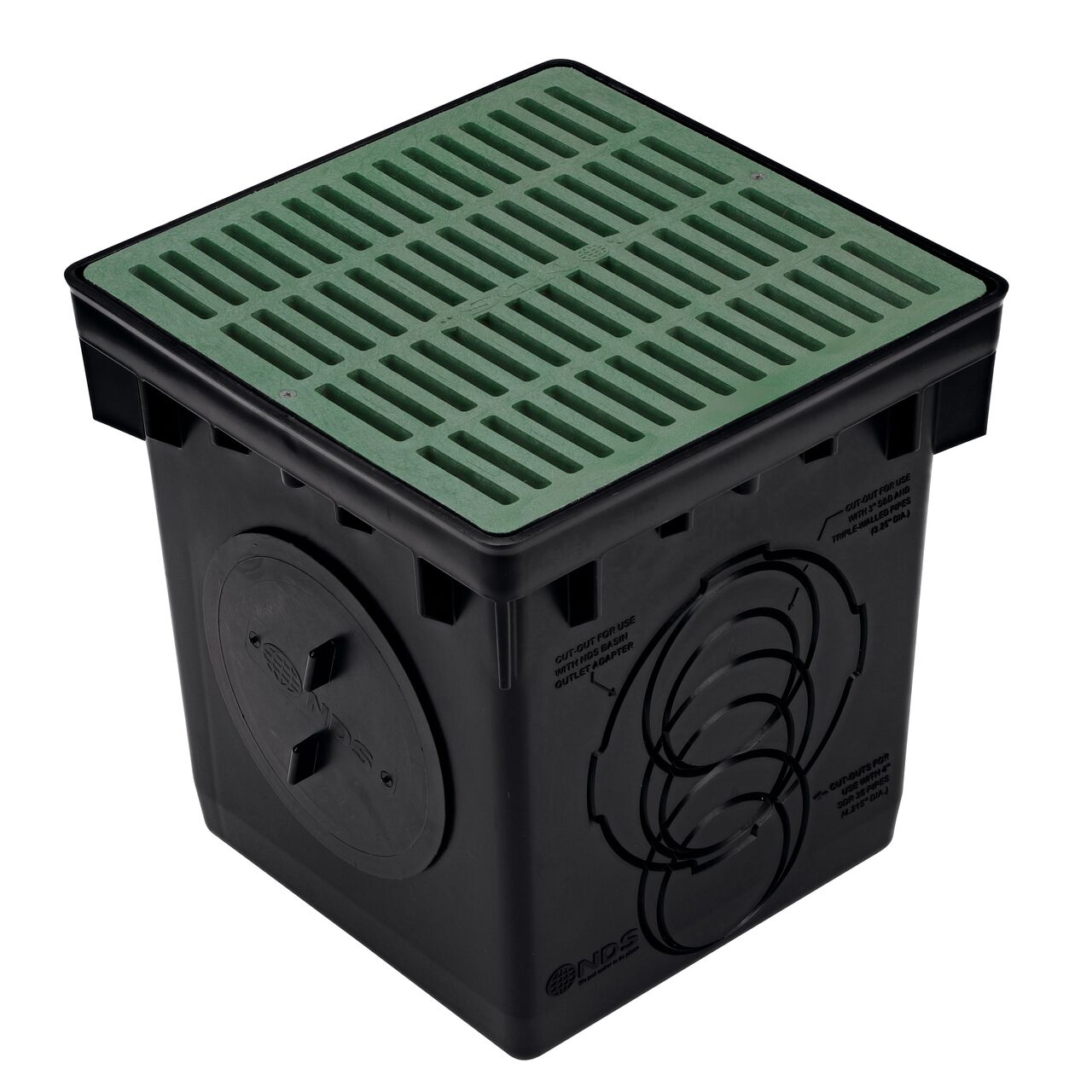 Use the outlet plug to block water flow in the NDS black plastic 12 in. Catch Basin Drain Kit with green grate (NDS 1200GRKIT)