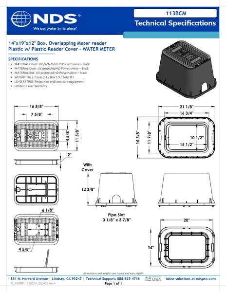 NDS 14 in. X 19 in. Rectangular Standard Series Meter Box and Cover, 12 in. Height, Black Box, Green Water Meter Cover Tech Spec