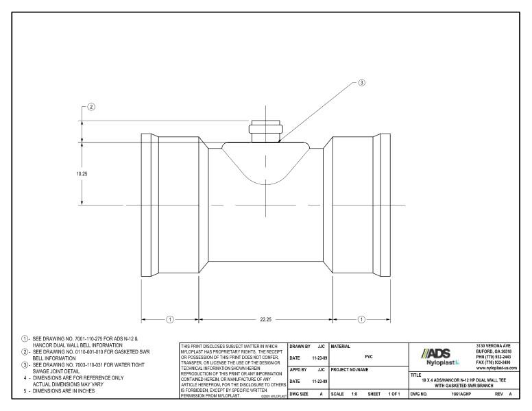 18 x 4 HP Tee with Gasketed SWR Bell Nyloplast Detail