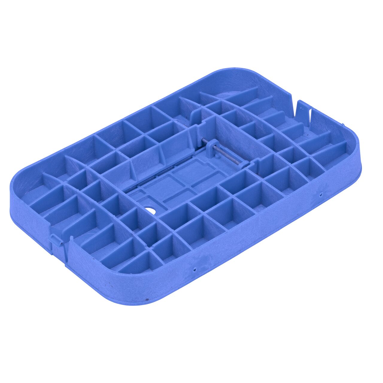Bottom view of the reinforced ribs and Plastic reader door on the NDS 14 in. X 19 in. Blue Water Meter Drop-In cover (NDS D1200-DIBLRDL) that fits the NDS 14 in. X 19 in. Standard Series Meter Box