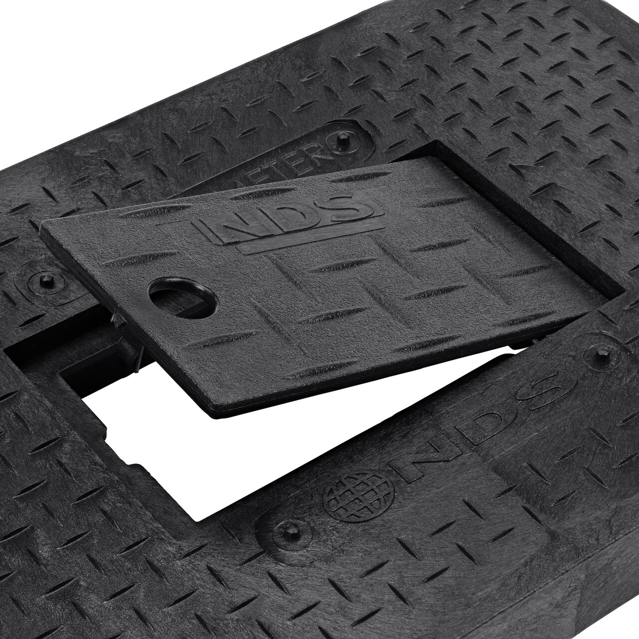 Closeup view of the Plastic reader door opened with the finger hole on the Black Water Meter Drop-in cover (NDS D1200-DIRBL) for the NDS 14 in. X 19 in. Rectangular Standard Series Meter Box