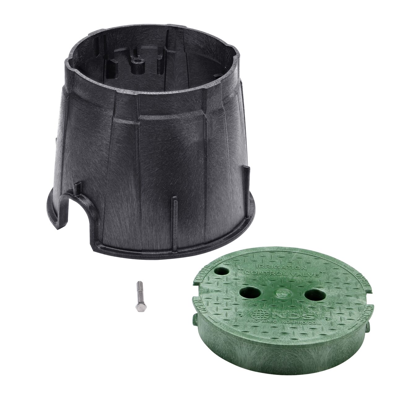 Unassembled View of the NDS 10 in. Round Pro-Spec® Series Black Box and Green Irrigation Control Valve Cover with Bolt (NDS 311BCB) showing the overlapping cover with a bayonet twist-lock lid featuring two finger slots, making it easy to remove or secure onto the box