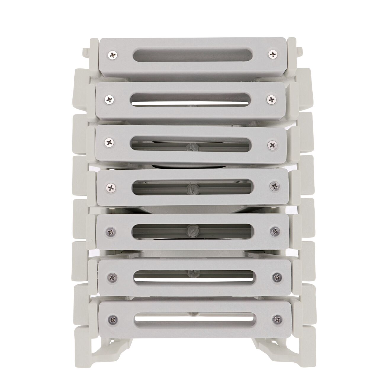 Top down view of Seven Light Gray Slotted Plastic Dura Slope™ Channel Drain EZ-Track™ Radius Coupling Grates (NDS DS-661LGMG) installed on seven Dura Slope EZ-Track Radius Couplings (NDS DSRC) without any turn
