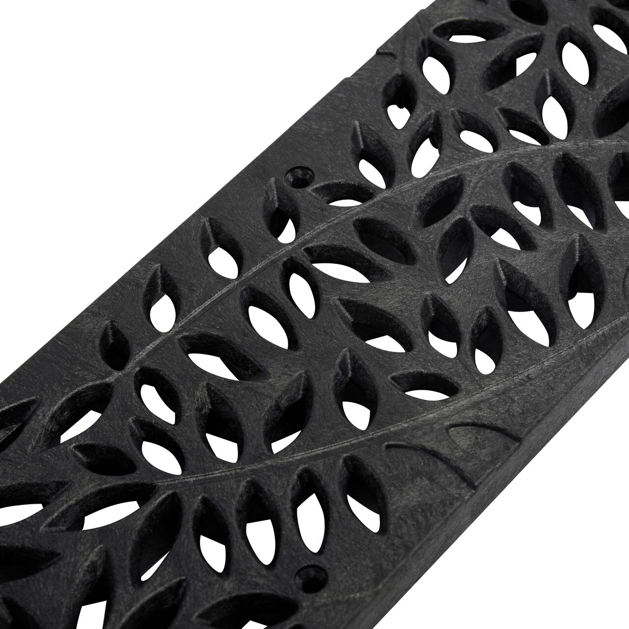 Closeup of NDS Spee-D® Channel Drain Grate, Decorative Botanical Design in Black Plastic (NDS 252)