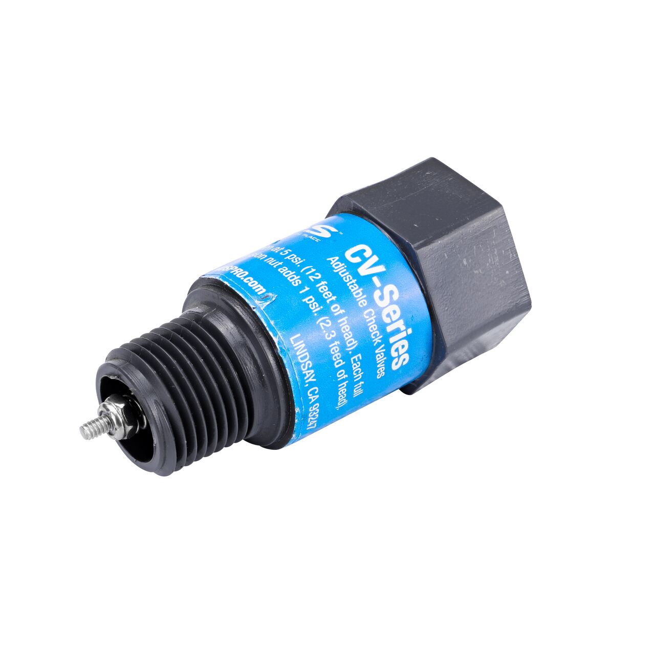 The male end of the NDS Gray 1/2 in. IPS MPT X FPT PVC Adjustable Inline Spring Check Valve (NDS CV-0500-MF) has a nut on end to adjust the 5 lb spring tension