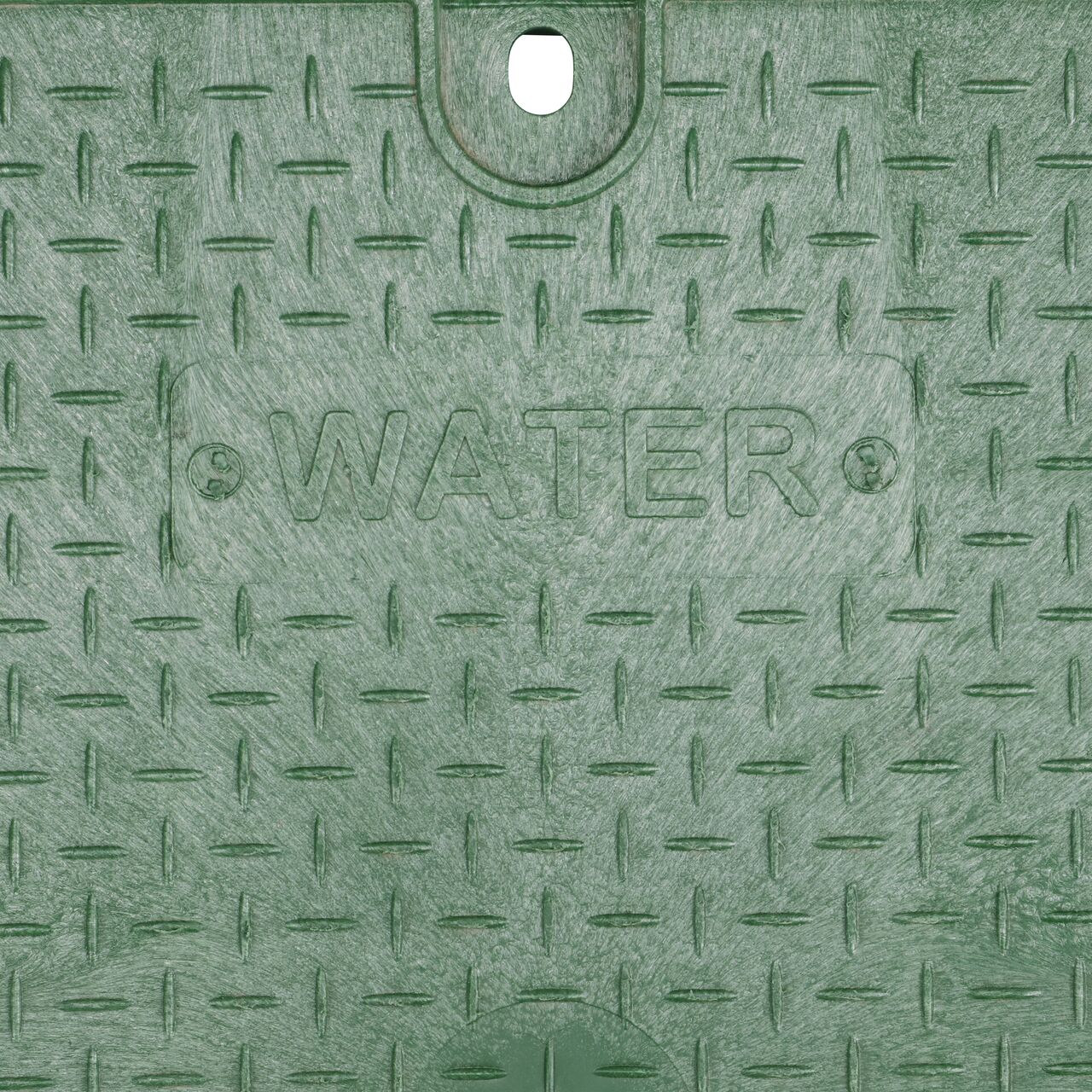 Closeup view of the Irrigation Control Valve markings on the Green Irrigation Control Valve cover for the NDS 14 X 19 in. Rectangular Standard Series Valve Box (NDS 114BCW)