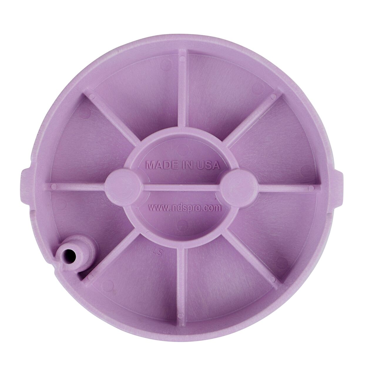 Top down view of the underside side of the Purple Reclaimed Water cover for the NDS 10 in. Round Pro-Spec® Series (NDS 311BCR) showing reinforcing ribs that are load rated to withstand pedestrian traffic and the rigors of lawn care equipment