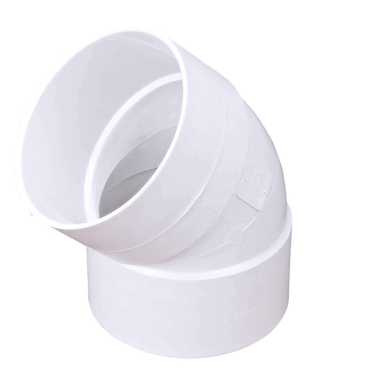 The PVC 45° elbow, connects 8 in. Sewer and Drain pipes, Hub X Hub connection (NDS 8P03)