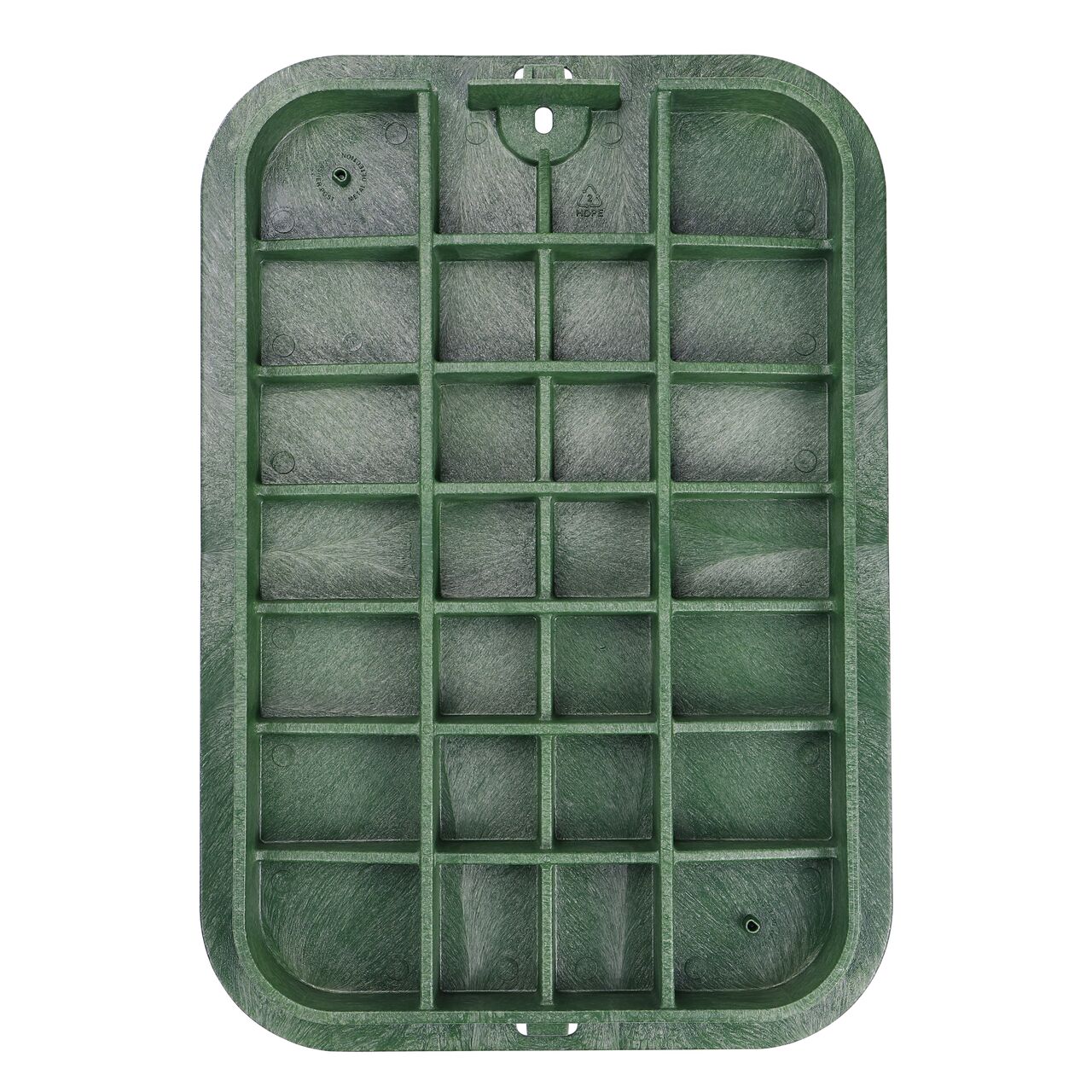 Top down view of the underside of the Green Water cover (NDS 318CW) for the NDS 13 in. X 20 in. Rectangular Pro-Spec® Series Jumbo valve box showing reinforcing ribs that help support pedestrian and lawn care equipment