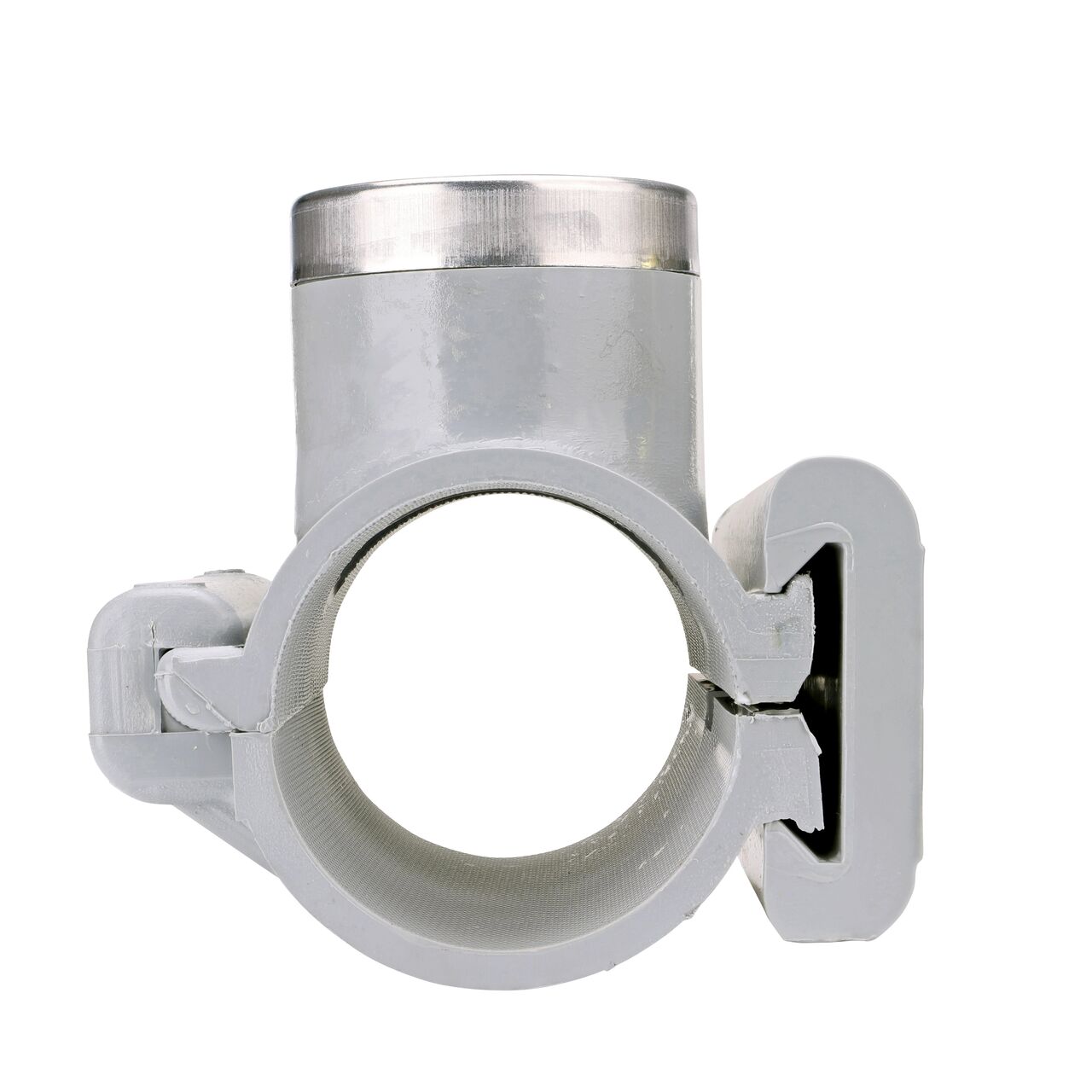 Front facing view of the NDS Clamp-It™ Rigid PVC Saddle with 1-1/2 in. FPT connection on top (NDS 422015) for 2 in. PVC pipe showing both the wedge and hinge sides