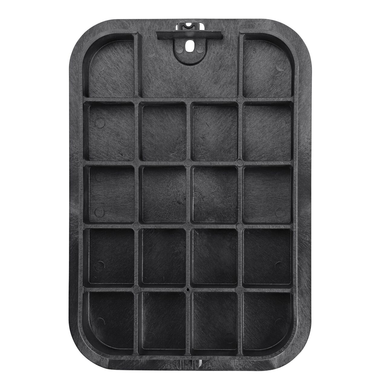 Top down view of the underside of the Black Water cover (NDS 113CW) for the NDS 14 X 19 in. Rectangular Standard Series valve box showing reinforcing ribs that help support pedestrian and lawn care equipment