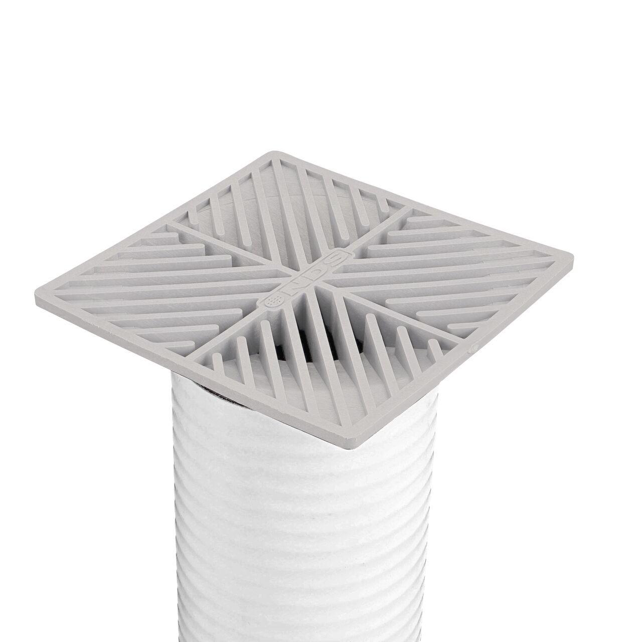 NDS gray plastic 6 in. Square Grate Fits 3 & 4 in. Draing Pipes and Fittings installed on 4 in. Triple Wall Pipe (NDS 6)