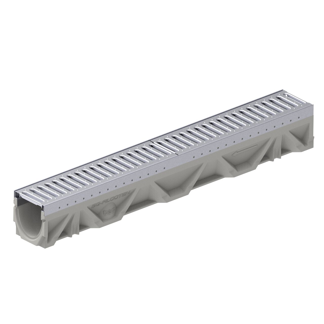 Two class C slotted galvanized steel BG-FILCOTEN® 100 Trench Drain Grate (NDS 17010207) installed on the BG-FILCOTEN® 100 Trench Channel Drain with female end showing