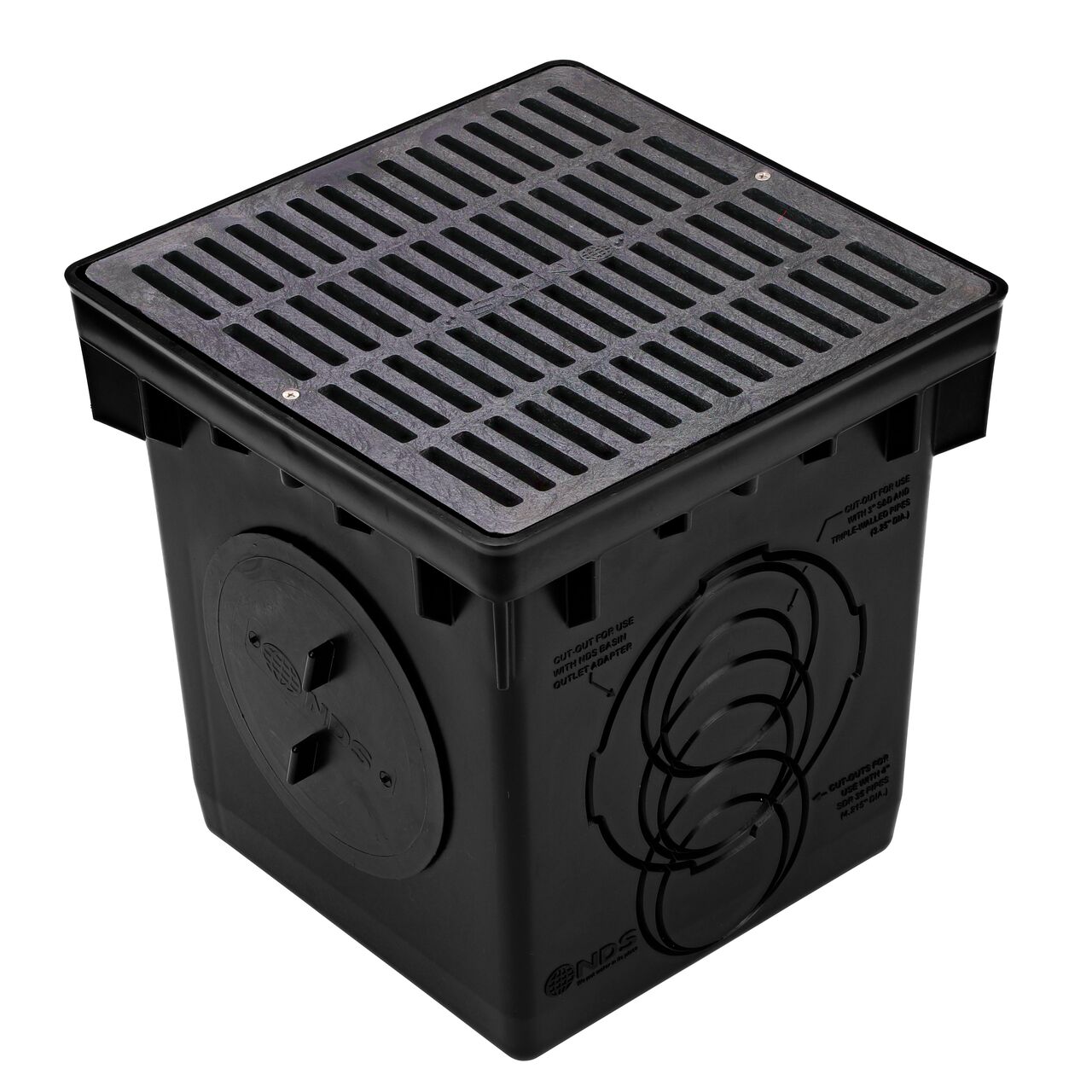 Use the outlet plug to block water flow in the NDS black plastic 12 in. Catch Basin Drain Kit with black grate (NDS 1200BLKIT)