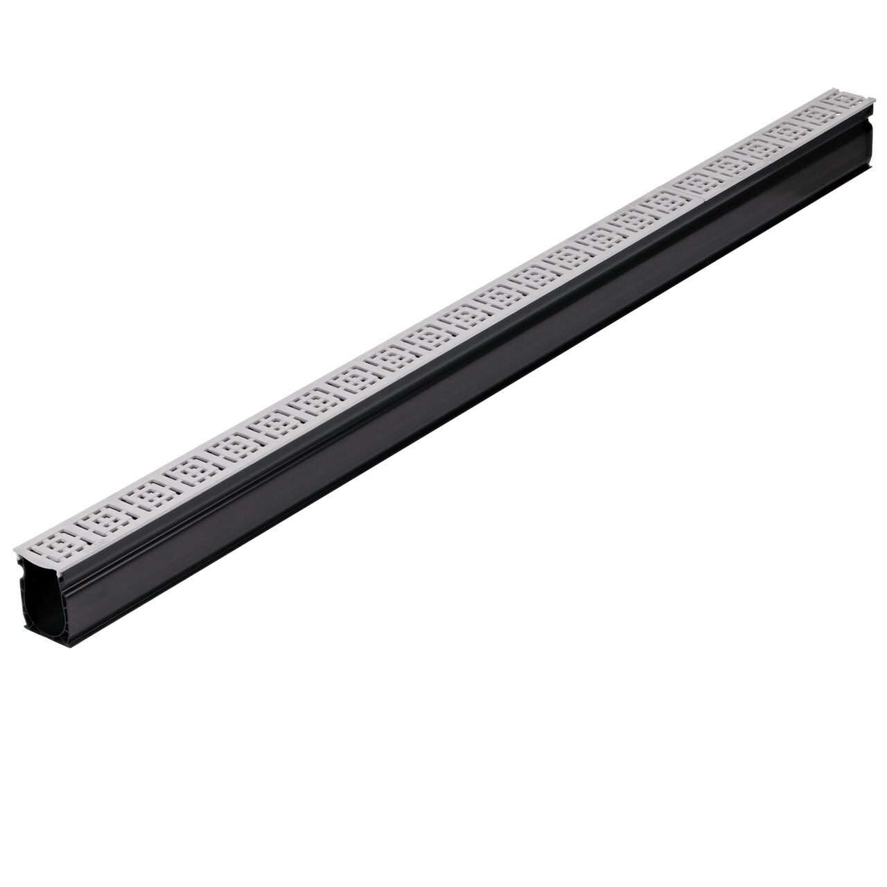 Slim Channel™ Gray Decorative Square Design Drain Grate (NDS 9253) installed on a Slim Channel™ Drain (NDS 9206)