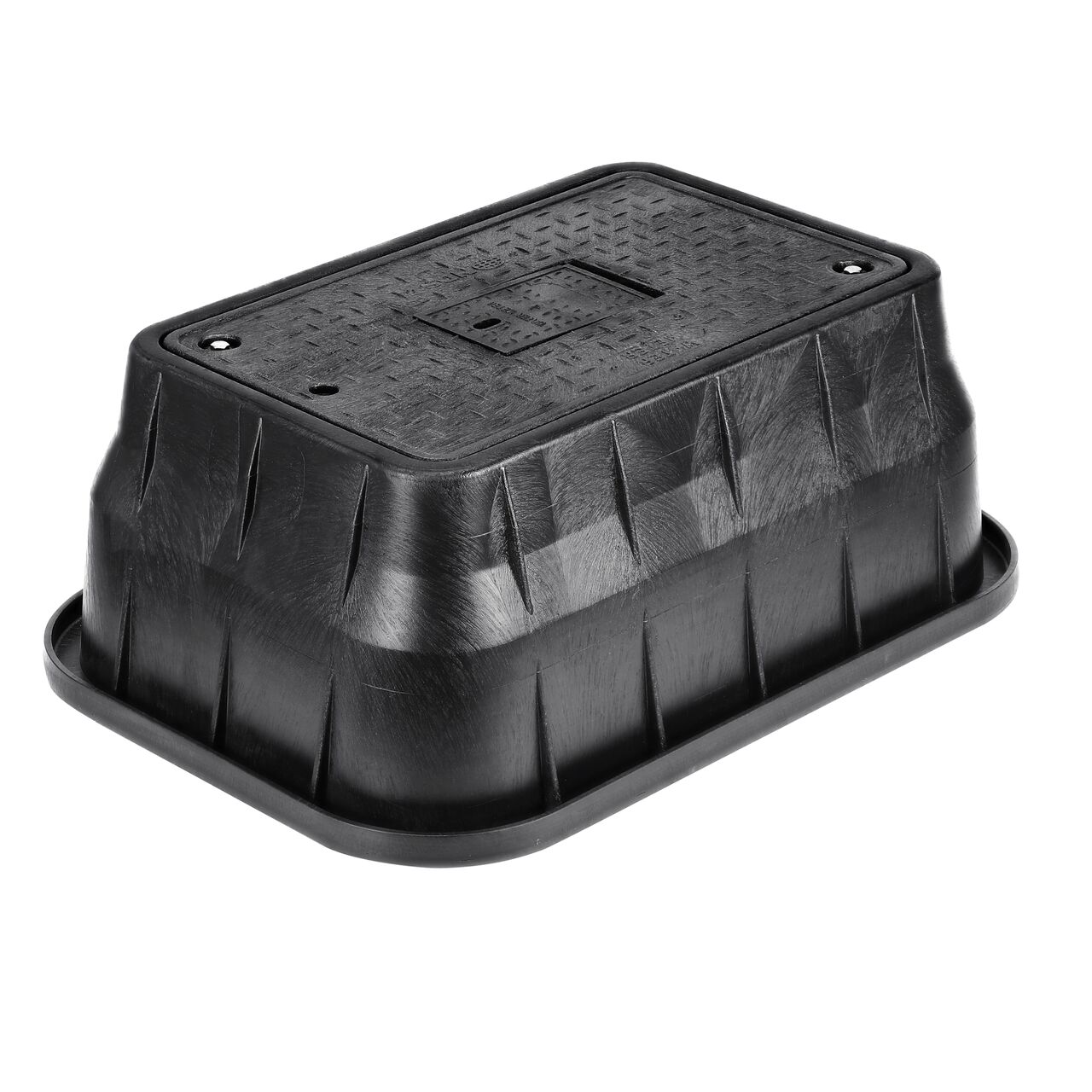 The NDS 13 in. X 24 in. Rectangular Standard Series Meter Box and Cover is a 12 in. high Black Box with Bolt and Black Cover with Water Meter markings on the Drop-in lid (NDS 121BCDMB) with a Plastic reader door and protects underground irrigation and sprinkler system components and keeps them out of sight