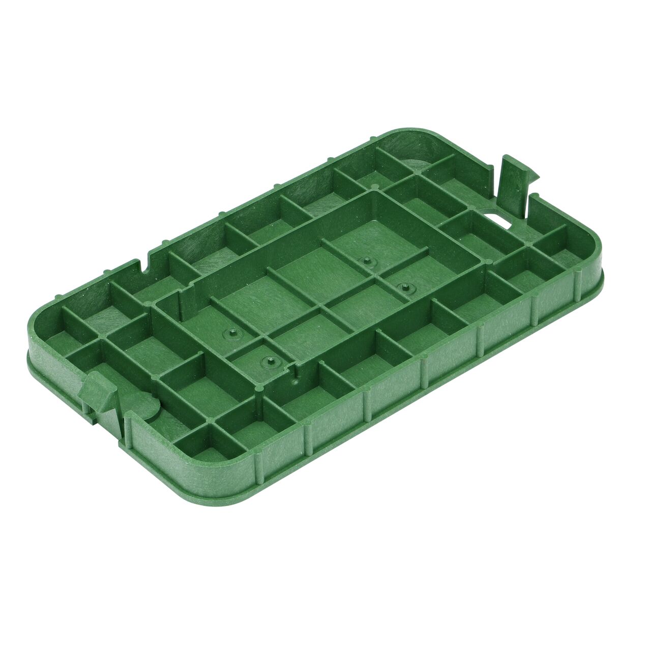 Bottom view of the reinforced ribs on the NDS 10 in. X 15 in. Green Irrigation Control Valve Drop-in cover (NDS D1000-SGL) that fits the NDS 10 in. X 15 in. Standard Series Meter Box