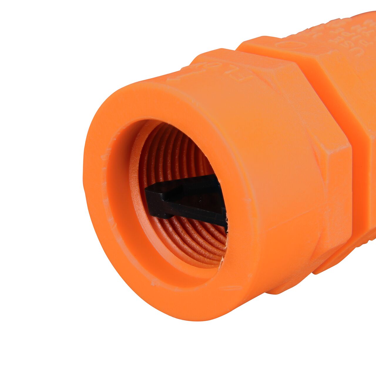 Closeup of the threaded end of the NDS Orange 3/4 in. IPS Female Threaded PVC Breakaway Coupling Valve (NDS 1010-07-O)