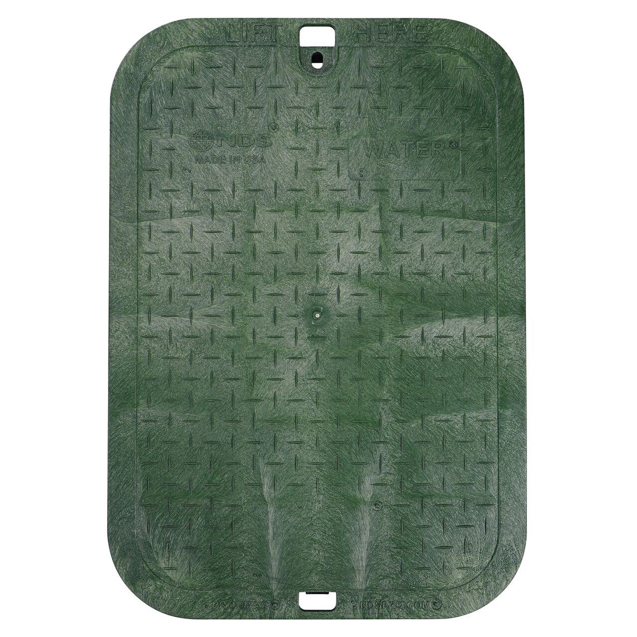Top down view of the top side of the Green Water overlapping cover (NDS 318CW) for the NDS 13 in. X 20 in. Rectangular Pro-Spec® Series