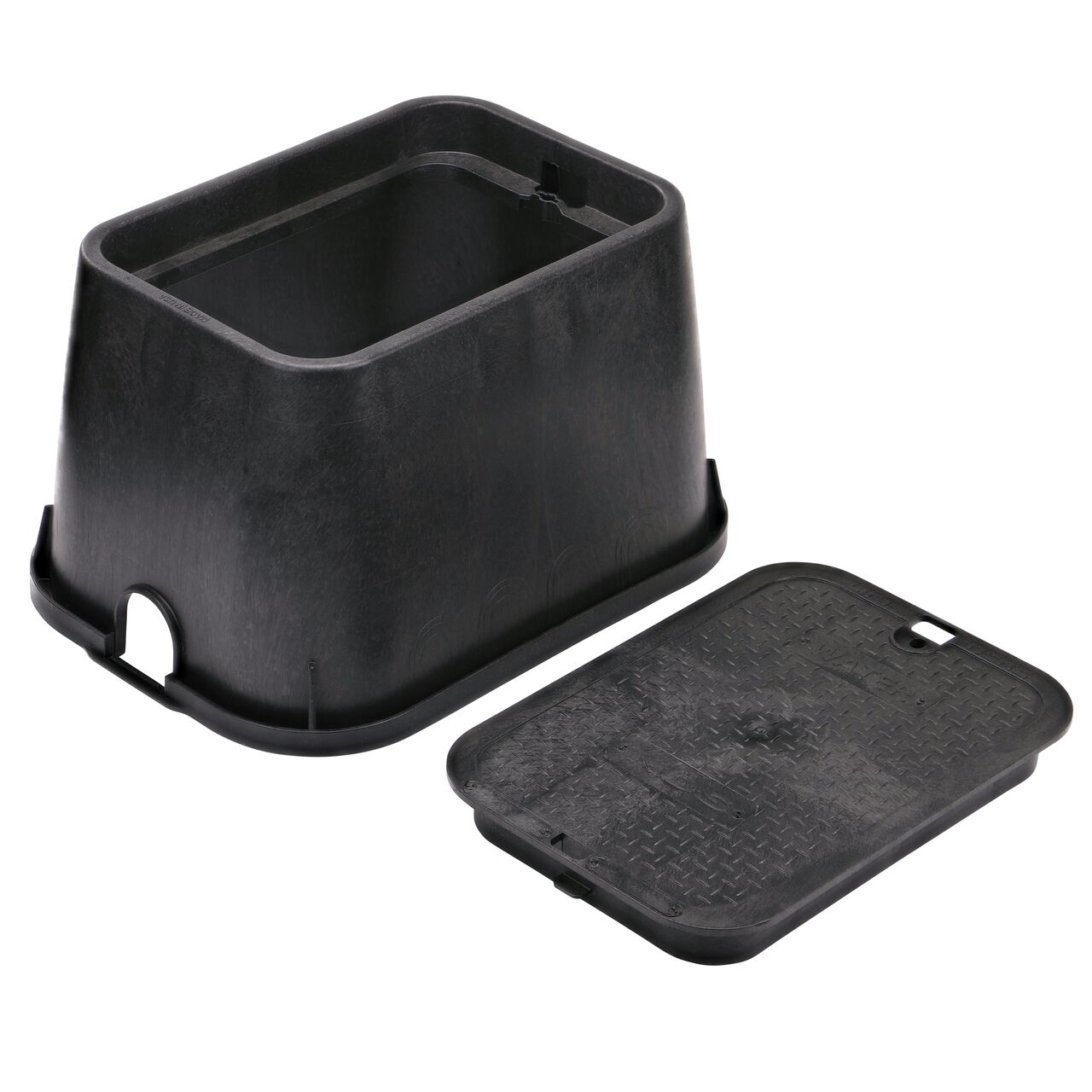 Unassembled view of the NDS Black 14 in. X 19 in. Rectangular Valve Box and Recycled Water Cover (NDS 113BCW)