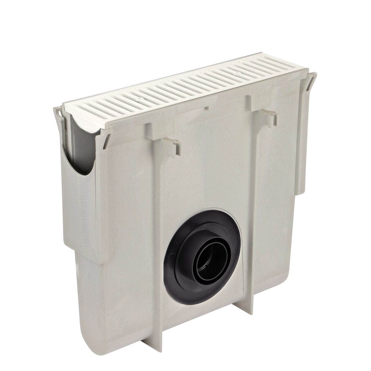 The NDS Dura Slope InLine Catch Basin (NDS DS-340) with Dura Slope Channel Drain Grate (NDS 661LG) fits the NDS Offset Outlet Adapter (NDS 1245) which connects to 3 in. & 4 in. Drain Pipes