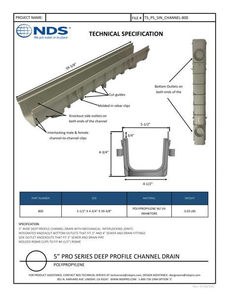 NDS 5 in. Pro Series™ Channel Drain Deep Profile Tech Spec