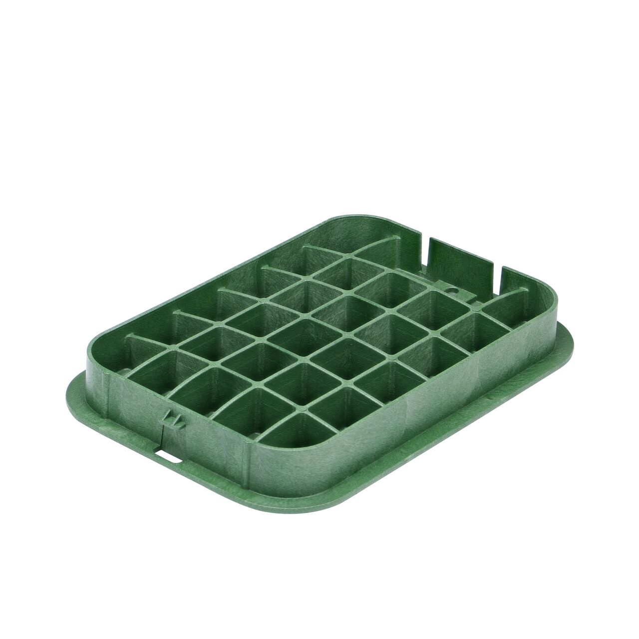 Bottom view of the reinforced ribs on the NDS 14 in. X 19 in. rectangular Green Sewer Water cover (NDS 113CS) that fit a NDS 14 in. X 19 in. Standard Series Valve Box
