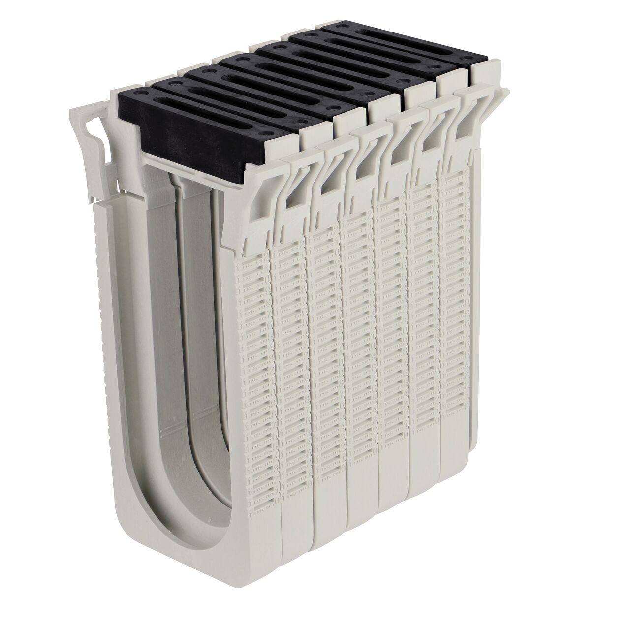 Seven Black Slotted Plastic Dura Slope™ Channel Drain EZ-Track™ Radius Coupling Grates (NDS DS-663MG) installed on seven Dura Slope EZ-Track Radius Couplings (NDS DSRC) with no bend