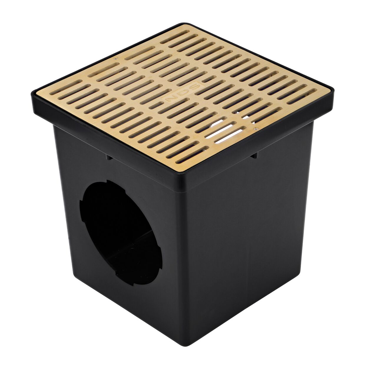 Brass Metal Grate 12 in. Square Catch Basin Drain Grate (NDS 1230B) installed on a black plastic 12 in. Catch Basin Drain with 2 Openings (NDS 1200*); retail