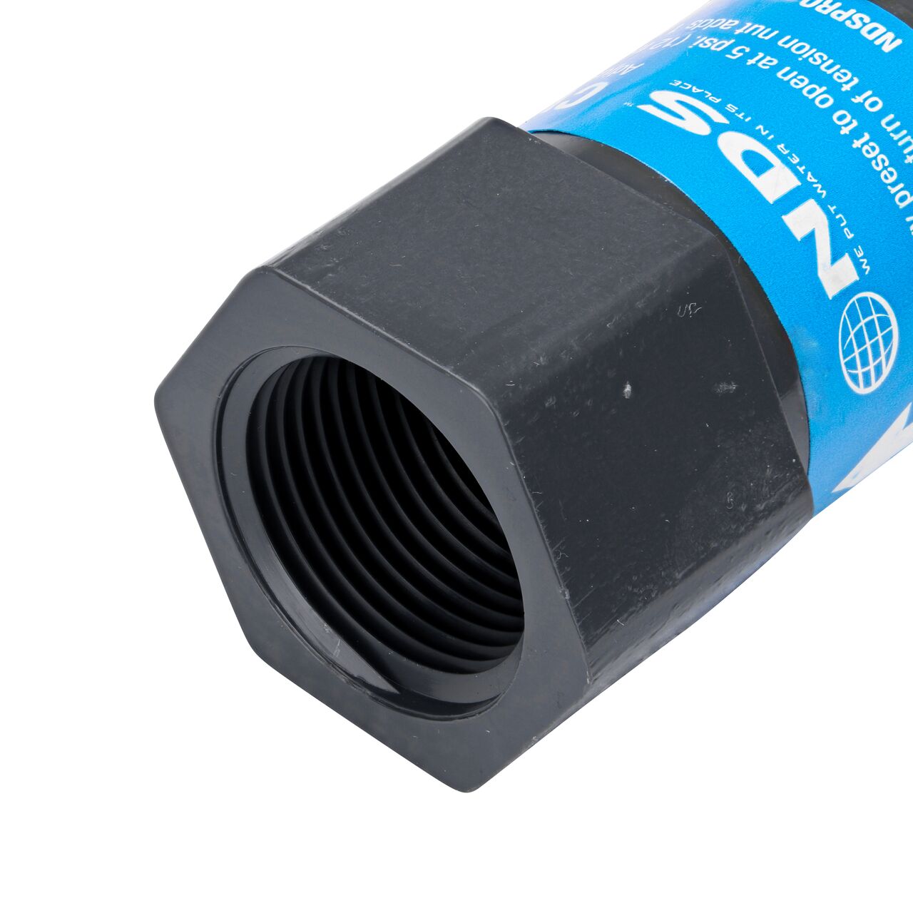 Closeup of the FPT end without needle point of the NDS Gray 3/4 in. IPS FPT X FPT PVC Adjustable Inline Spring Check Valve (NDS CV-0750-FF)