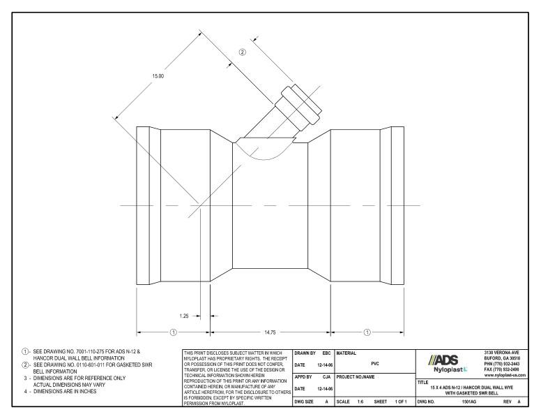 15 x 4 N-12 Dual Wall Wye with Gasketed SWR Bell Nyloplast Detail