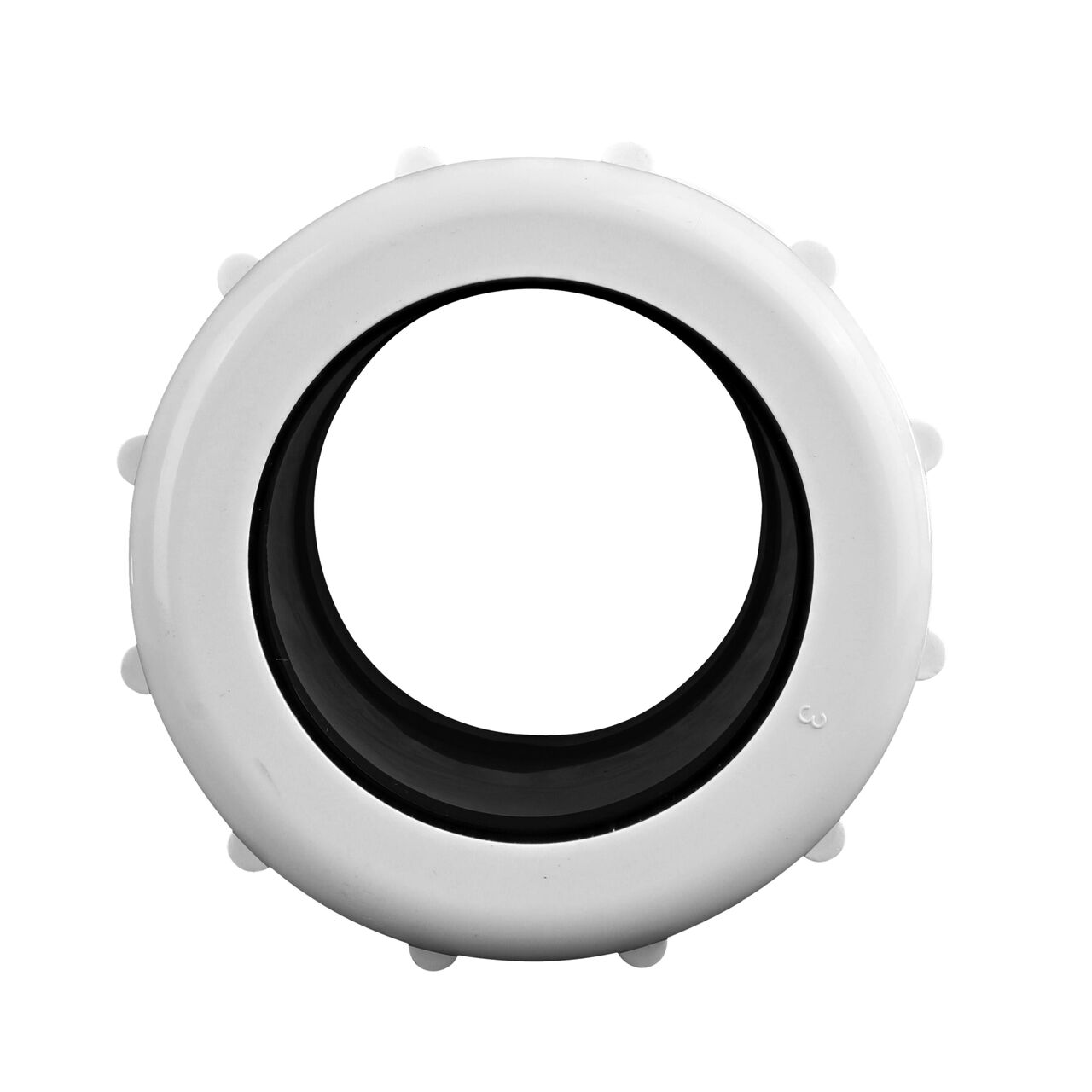 The NDS 2 in. IPS UC Compression Coupling showing the gasket inside the adjustable nut that secures it in place once installed (NDS CPC-2000)