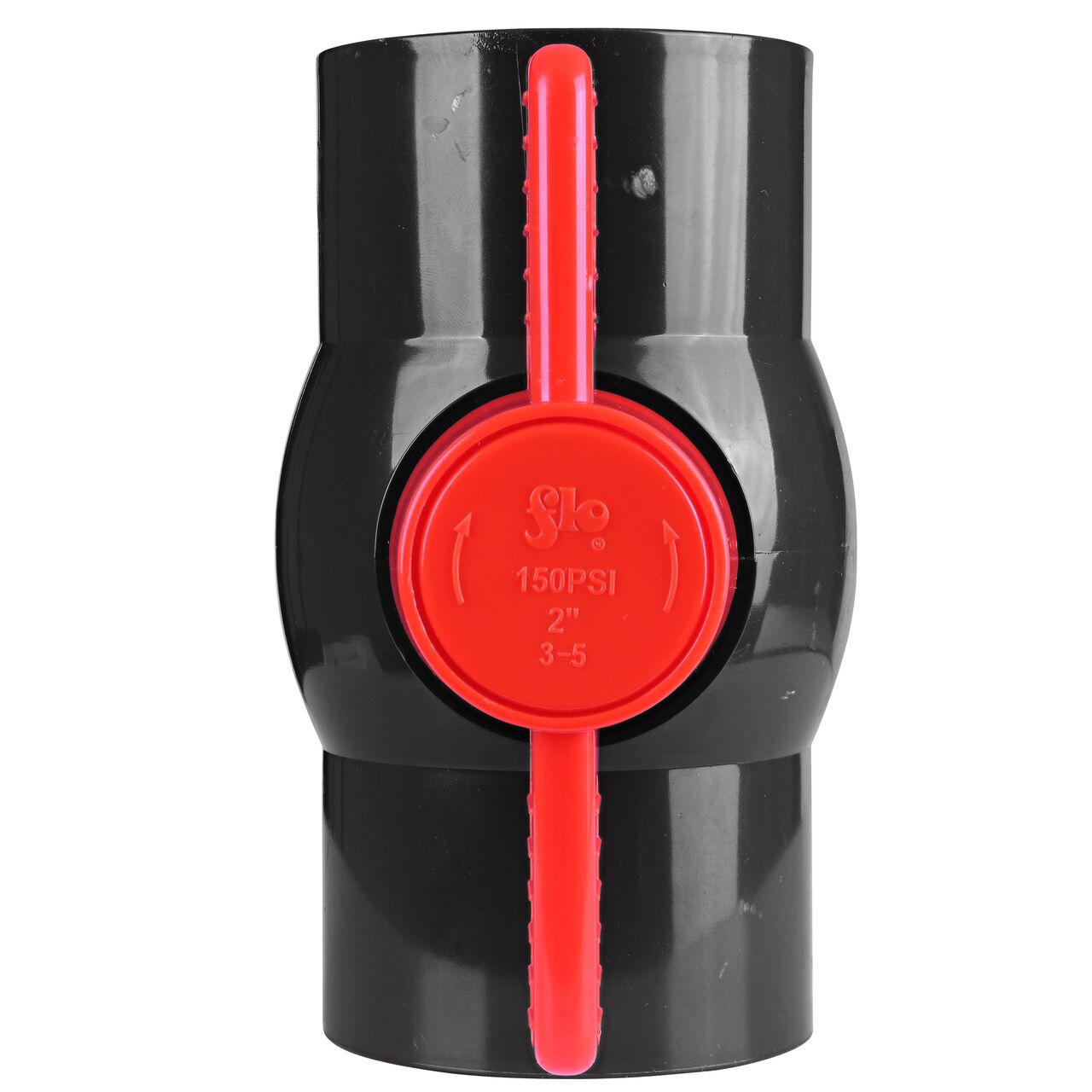 Closeup of the NDS IPS Ball Valve showing that the handle is made of durable PVC material perfect for irrigation or other pressurized system (NDS E1610-20)