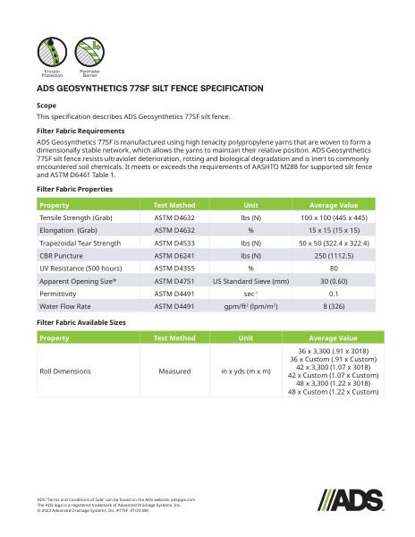77SF Woven Silt Fence Geosynthetic Specification