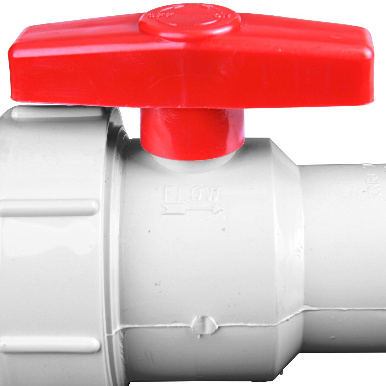 Closeup of the outside arrow showing water flow direction on the NDS White 1-1/2 in. IPS U X S Checkmate PVC Swing Check and Ball Valve Combination (NDS 2200-15)