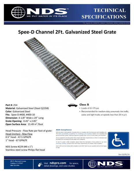 NDS Spee-D® Channel Drain Grate Galv. Steel Tech Spec