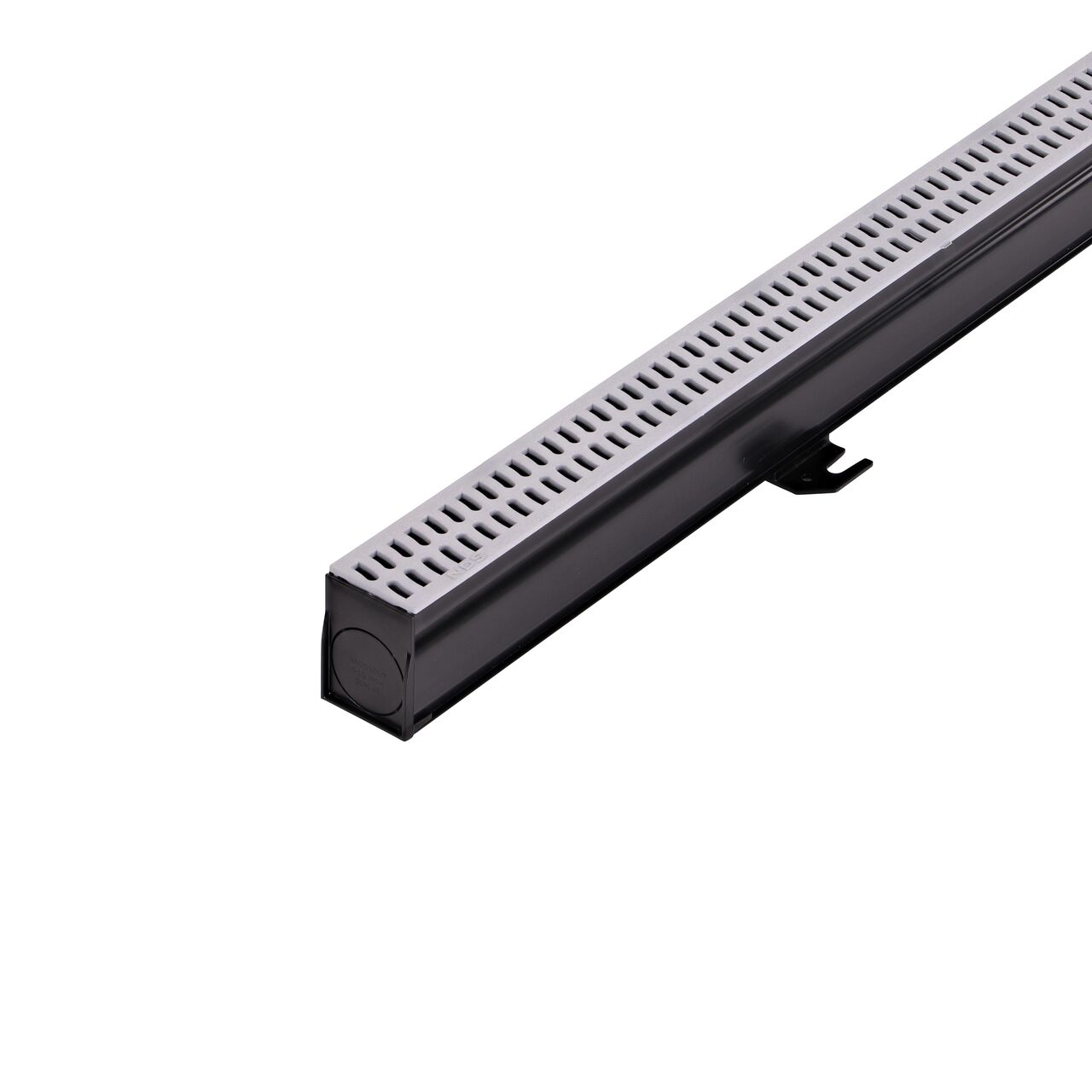 Fully assembled Slim Channel™ Drain Kit, 2-1/4 in. wide X 6 ft. long with Channel, Gray Grates, End Caps, Outlets, Coupling & Anchor Clips (NDS 9206GKITRTL) for pool and spa decks, concrete and paver patios, and walkways; closeup hero shot