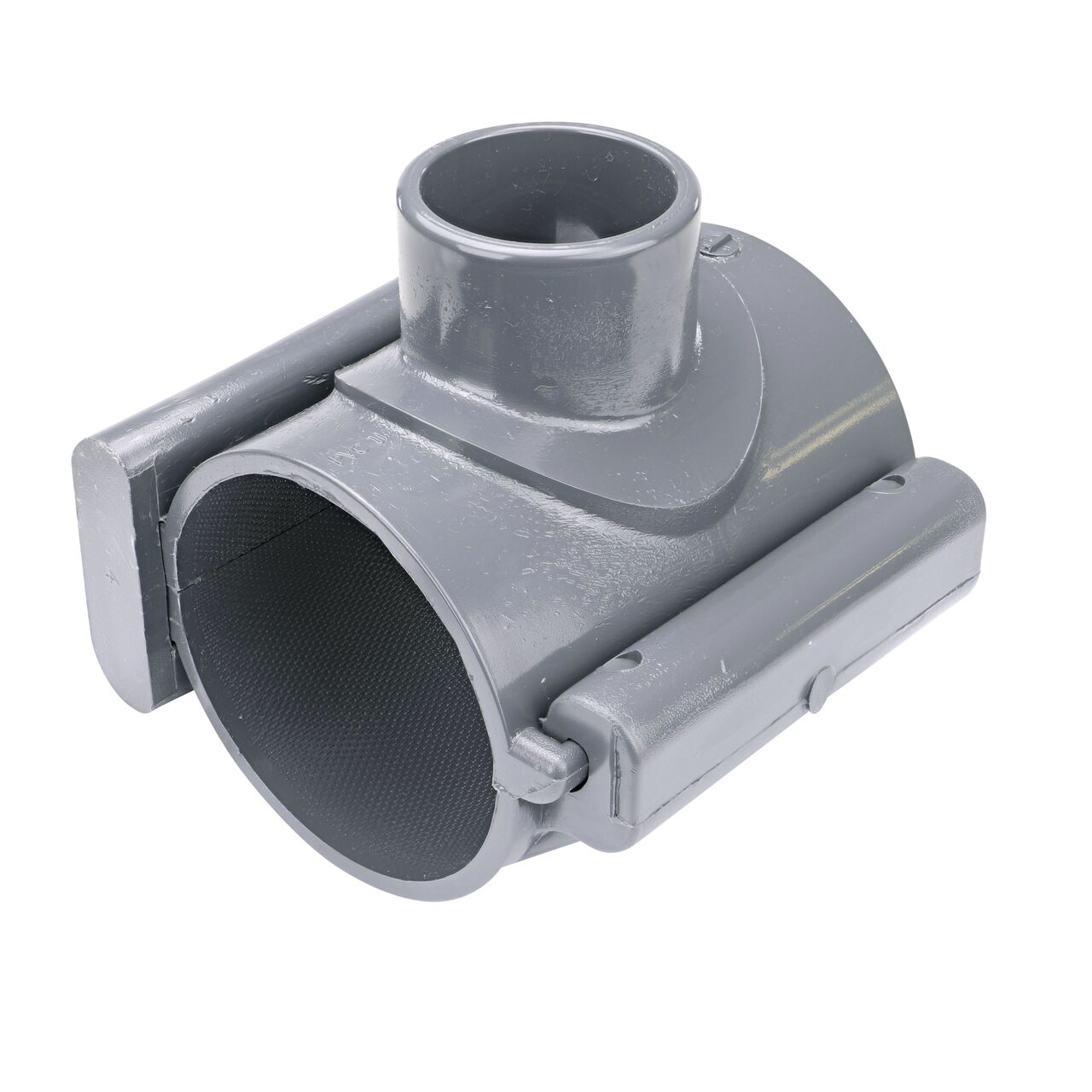 The NDS Clamp-It™ Rigid PVC Saddle with 1-1/2 in. slip connection on top (NDS 453015) for 3 in. PVC pipe has a patented wedge design on one side and hinge on the other to install a sprinkler irrigation system to existing pipe without any bolts