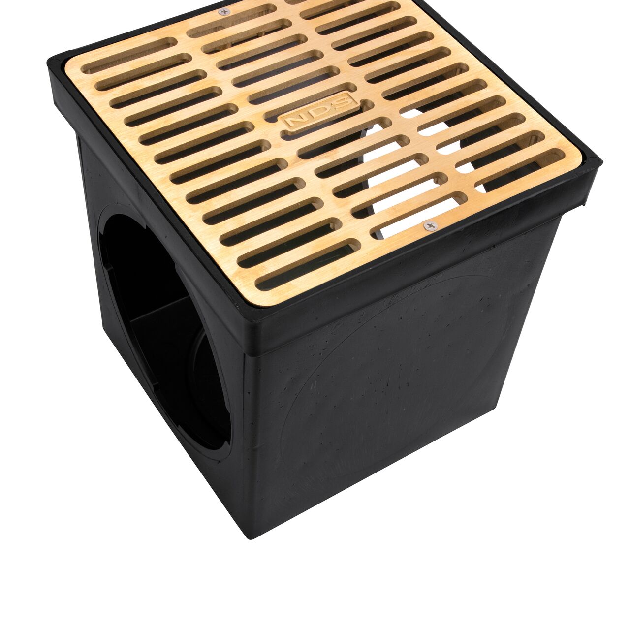 Closeup view of NDS 9 in. Square Catch Basin Drain Grate, Brass (NDS 930B) on a 9 in. Catch Basin Drain (NDS 900*)