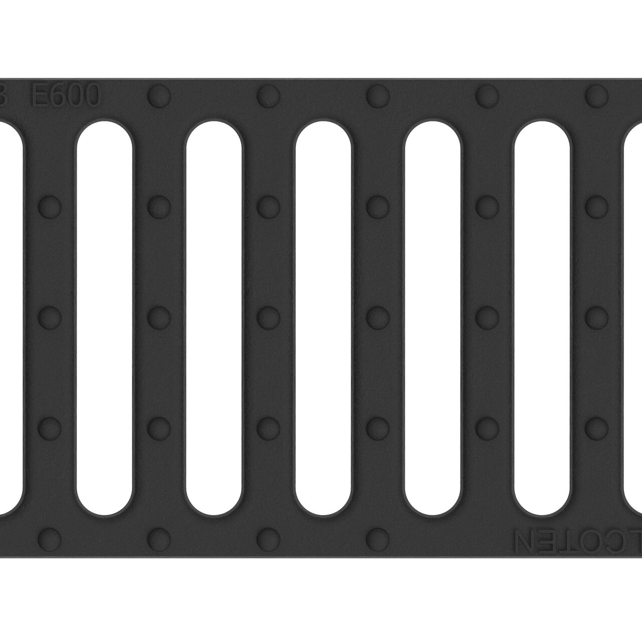 Top down partial Closeup View of class E slotted ductile iron BG-FILCOTEN® 100 Trench Drain Grate (NDS 17010105)