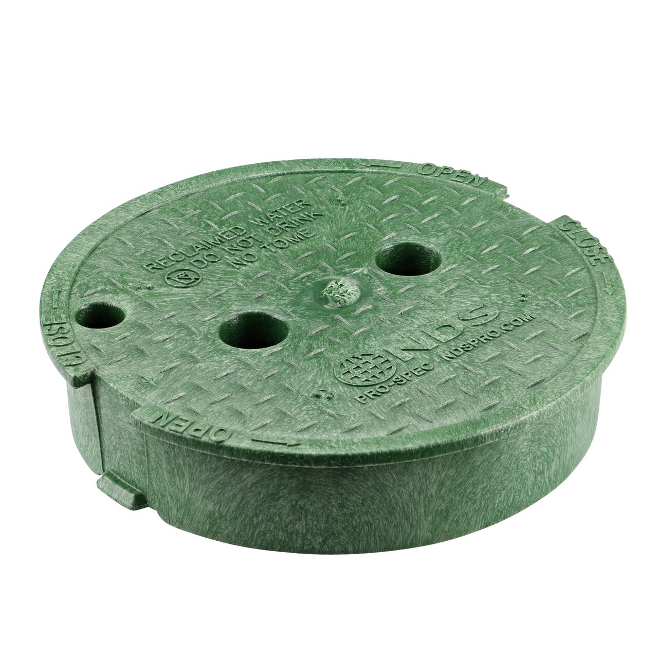 This NDS 10 in. Round Pro-Spec® Series Valve Box Cover is a Green Cover with Reclaimed Water markings on the lid and fits NDS Pro-Spec® Series 10 in. valve boxes (NDS 311C)