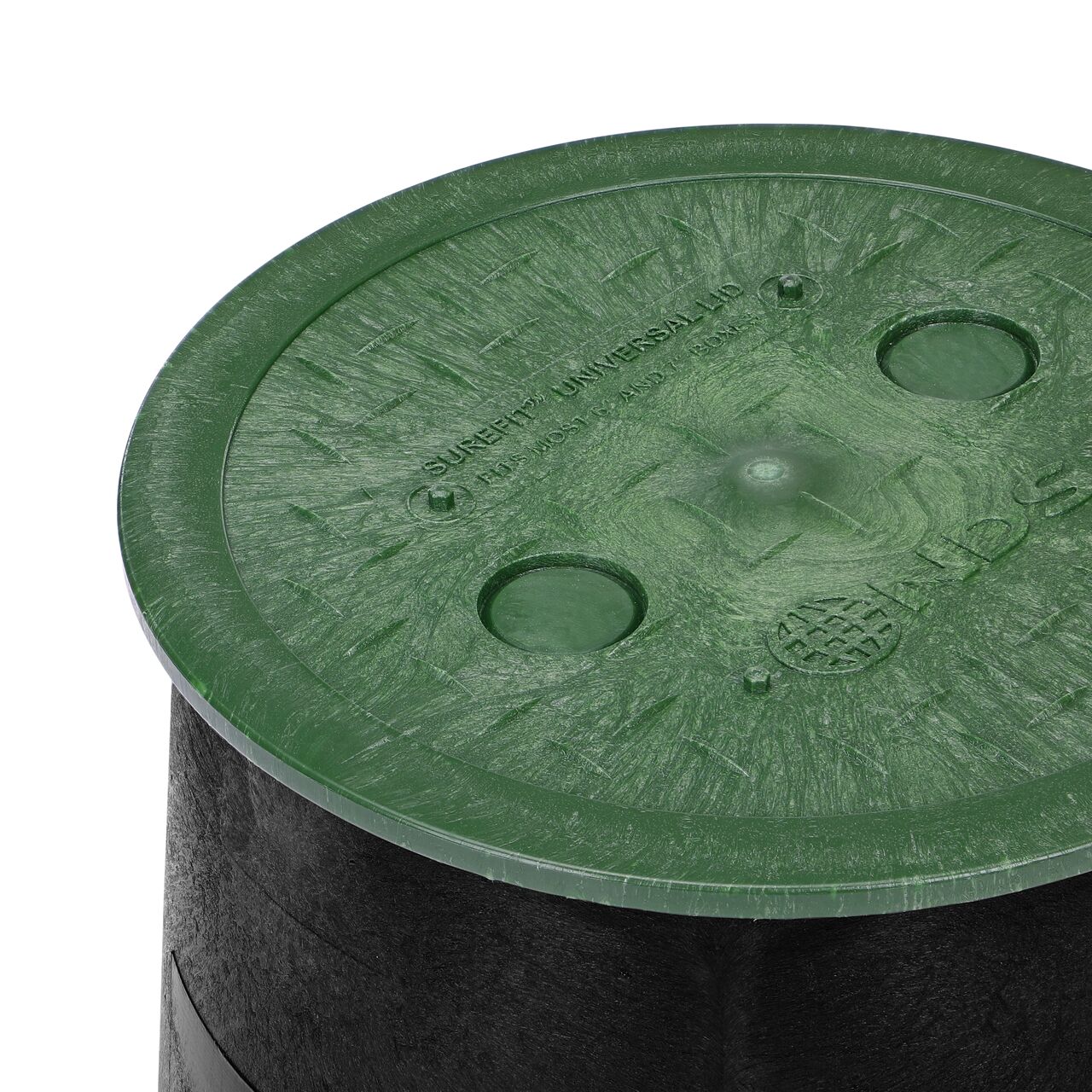 Closeup View of the 6 in. Round SureFit Universal Valve Box Lid (NDS 6RND-UC) installed on the NDS Standard Series Black Valve Box (107B)