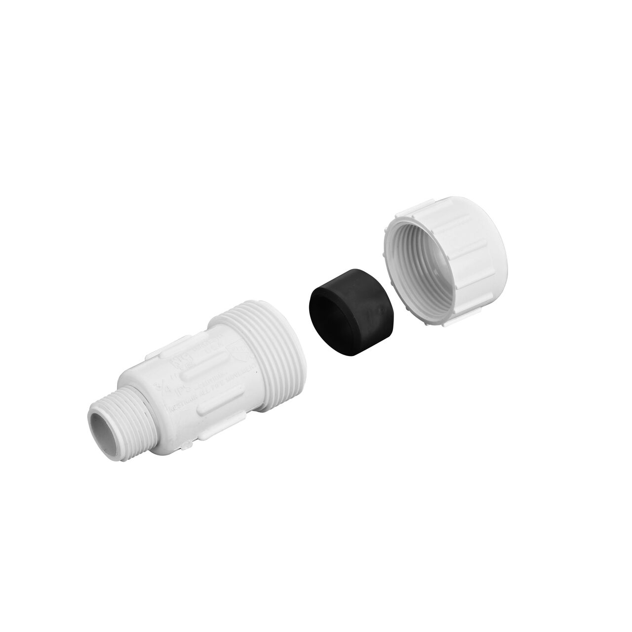 The PVC Compression Adapter 3/4 in. IPS UC X 3/4 in. IPS MPT unassembled showing that the adapter comes with adjustable nut for corrosion-free connection and reduces pull-out from pipes (NDS CPA-0750)