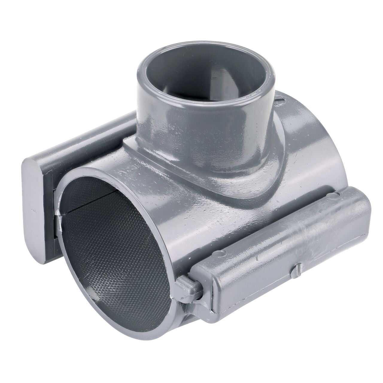 The NDS Clamp-It™ Rigid PVC Saddle with 2 in. slip connection on top (NDS 453020) for 3 in. PVC pipe has a patented wedge design on one side and hinge on the other to install a sprinkler irrigation system to existing pipe without any bolts