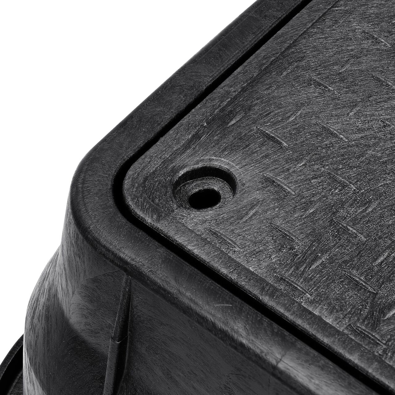 Closeup view of the reinforced edges on the NDS 13 in. X 24 in. Rectangular Standard Meter Box and Cover with Bolt (NDS 121BCDMB)