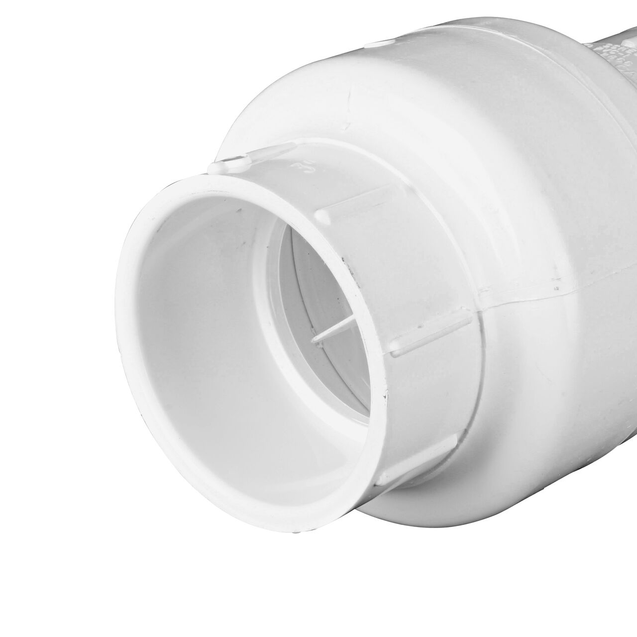 Closeup of the non-sloped end of the slip NDS White 3 in. slip end by slip end PVC Spring Check Valve (NDS 1011-30, NDS 1012-30)