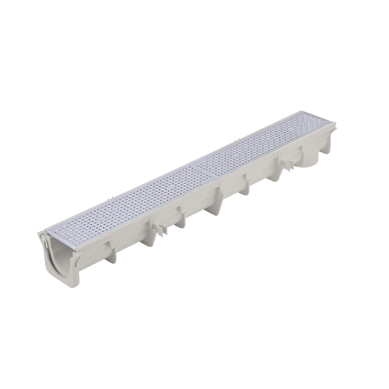 Alternate view of the NDS Dura Slope Stainless Steel Perforated Channel Grate (NDS DS-226) showing female end of drain (NDS DS-091)