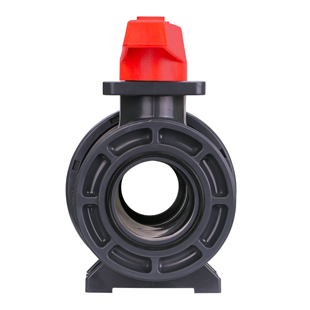 The The 2-1/2 in. PVC Slip True Union Ball Valve shown partially unassembled includes a Teflon ball seat, EPDM O-ring, and ABS handle to be used as a one-way valve installed in pipe systems (NDS BTU-2500-SE)